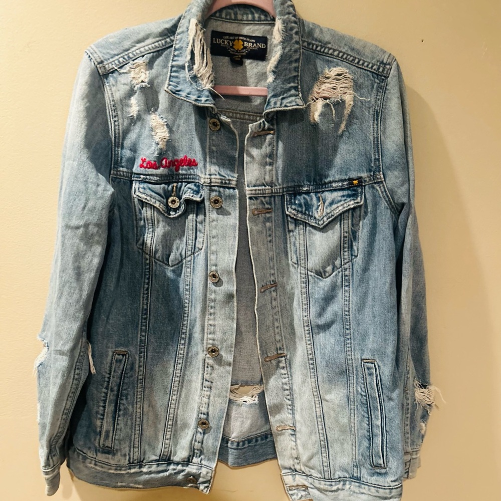 Distressed Embellished Las Angeles Lucky Brand Light Blue Denim Jacket
